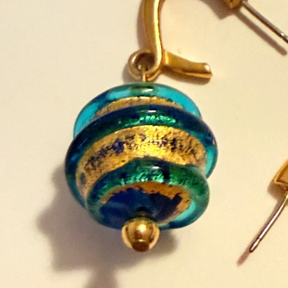 Vintage Blue and Gold Murano Ball Earrings - Picture 3 of 5